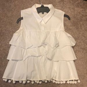 Tiered Pom Sleeveless Button Down Shirt